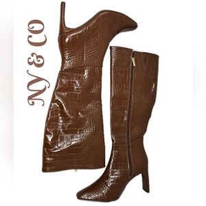 New York & Company Isabella Knee High Boots Sz 7 Brown Faux Crocodile Print